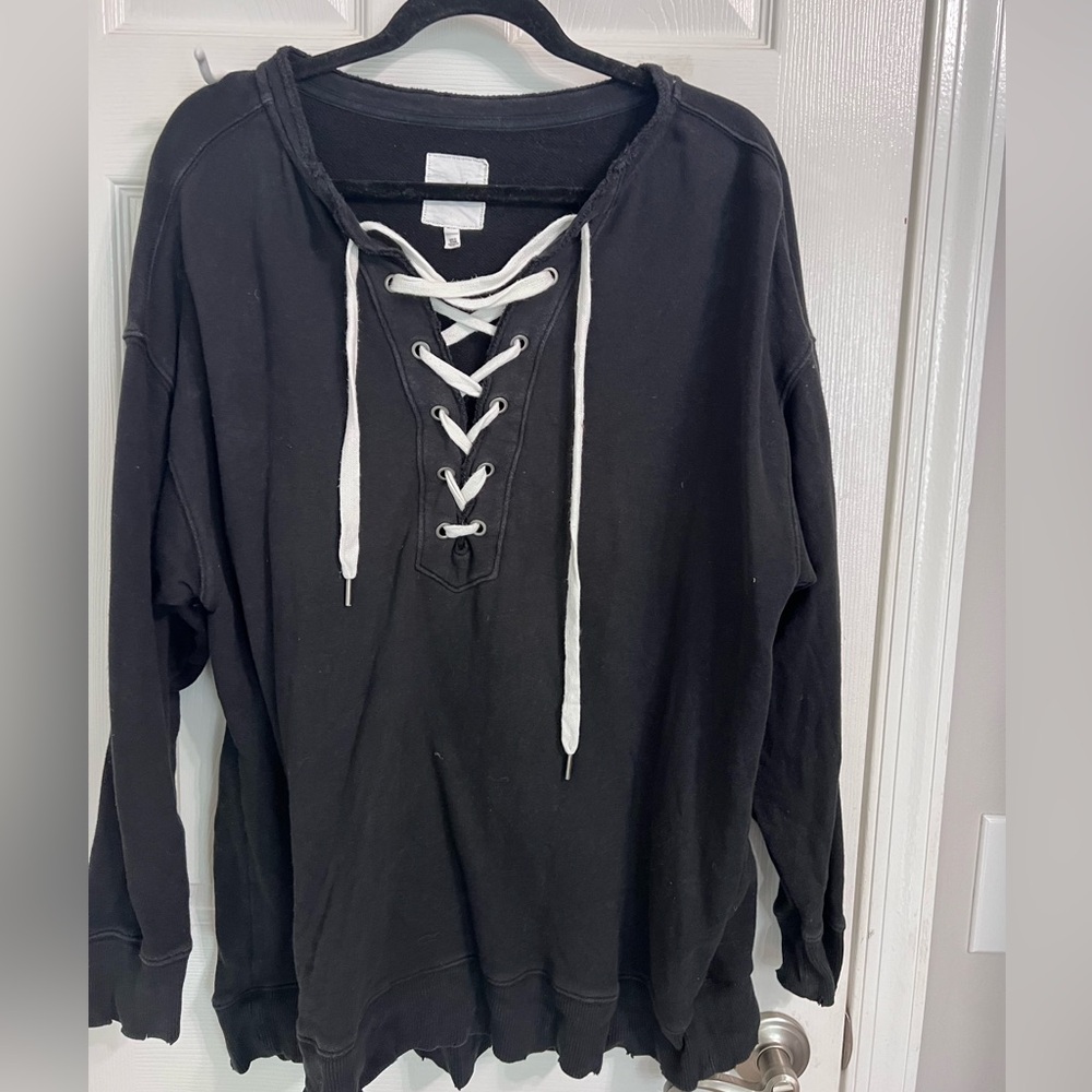 Aerie Black Cozy Lace Up Contrast Sweatshirt, Size M